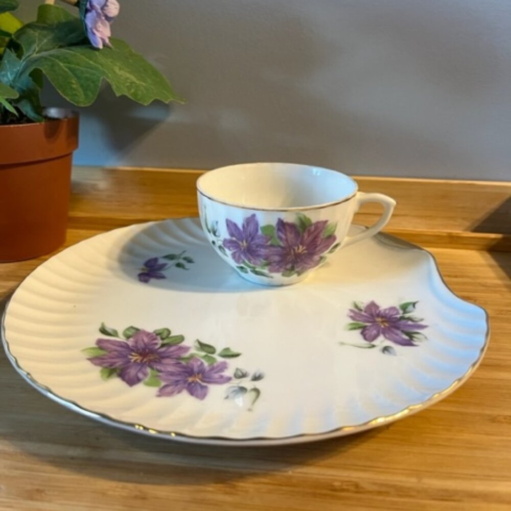 Vintage cup and plate snack set cup saucer purple violet clematis flowers